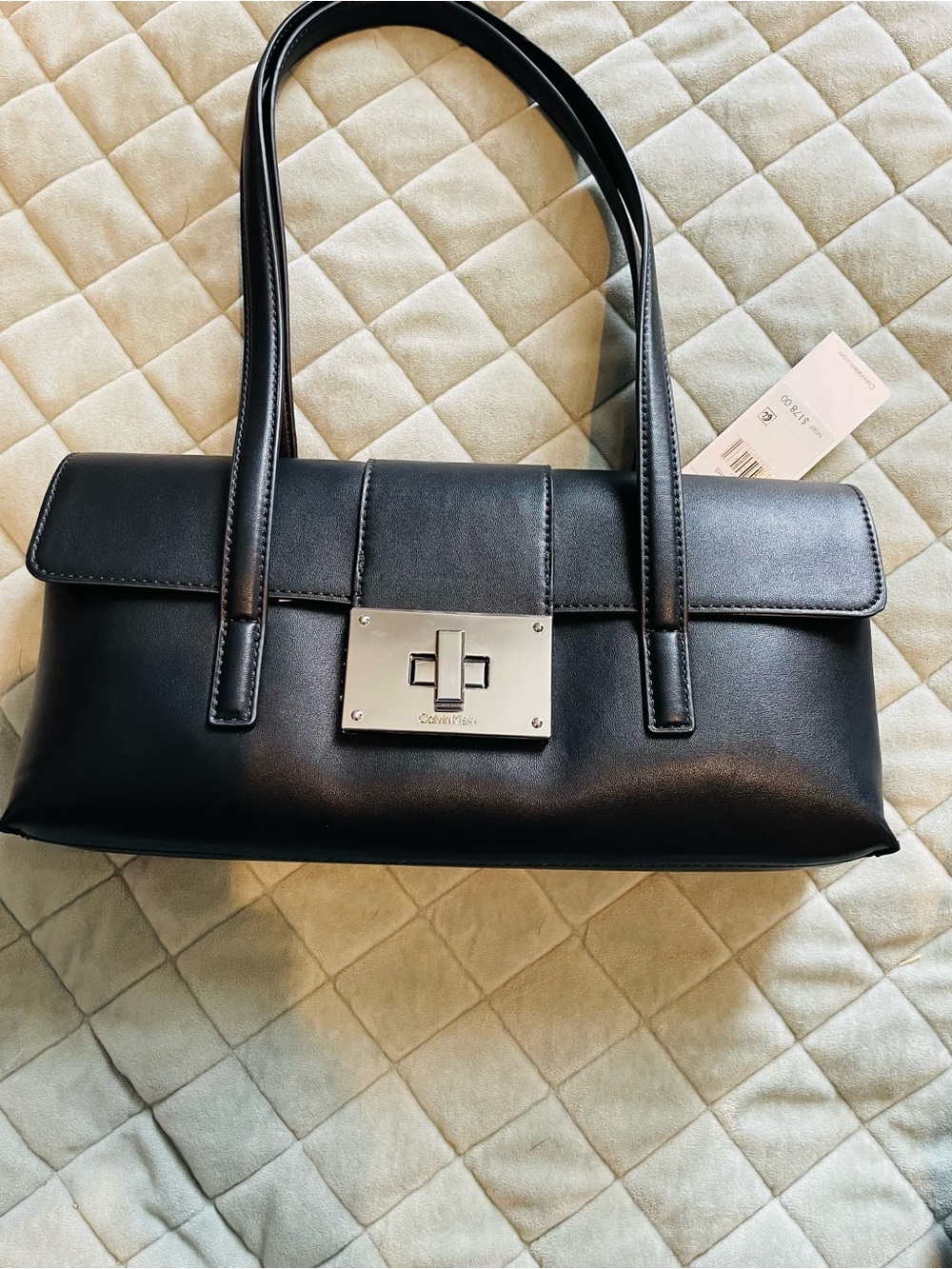 Calvin Klein Black Leather Shoulder Bag with Silver-Tone Turn Lock NWT